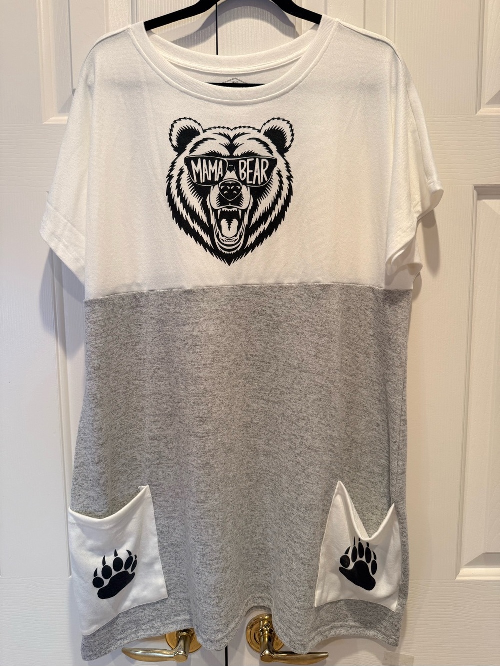 Mama Bear Colorblock Women’s Top White Black & Heather Gray Front Pockets